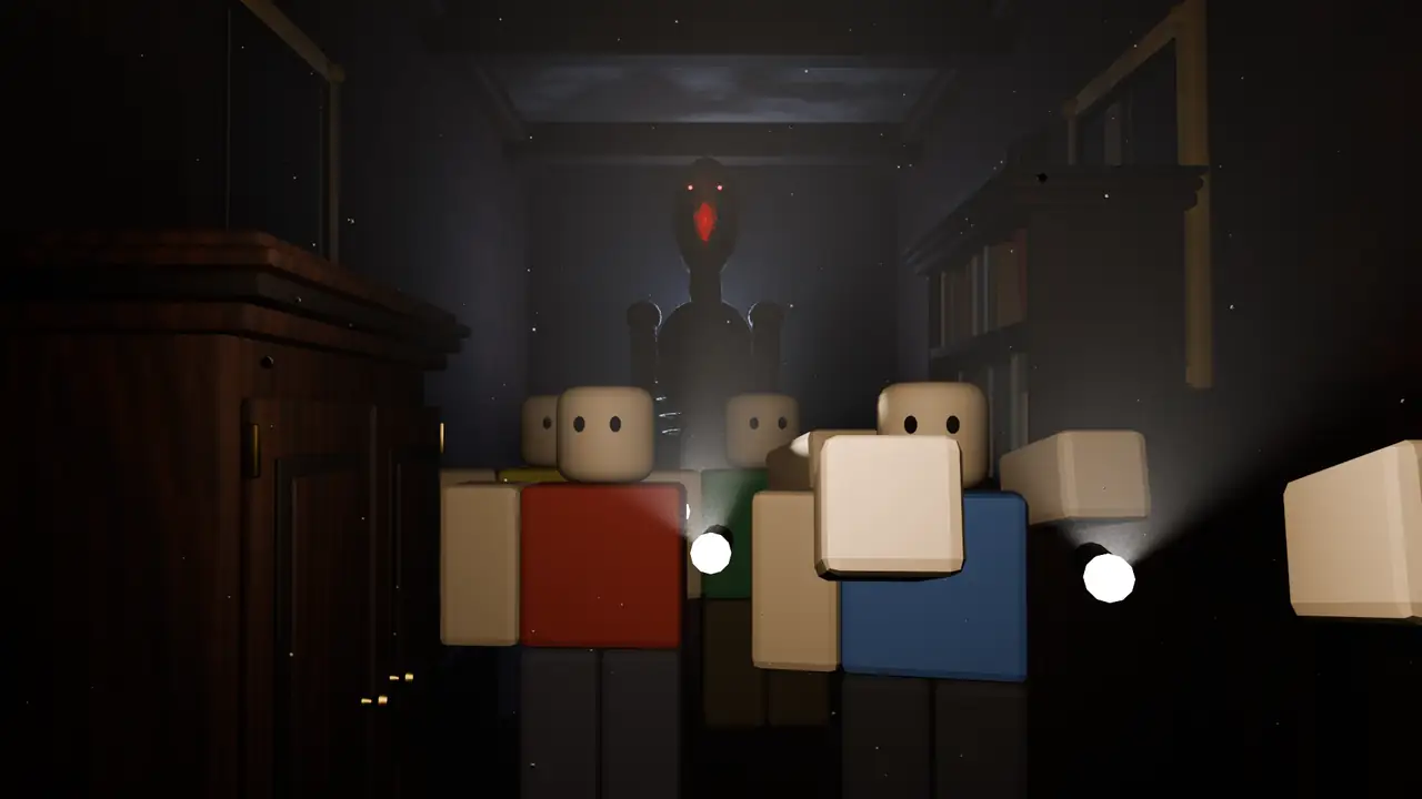 Un groupe de joueurs Roblox avec leurs lampes torches, la créature derrière eux